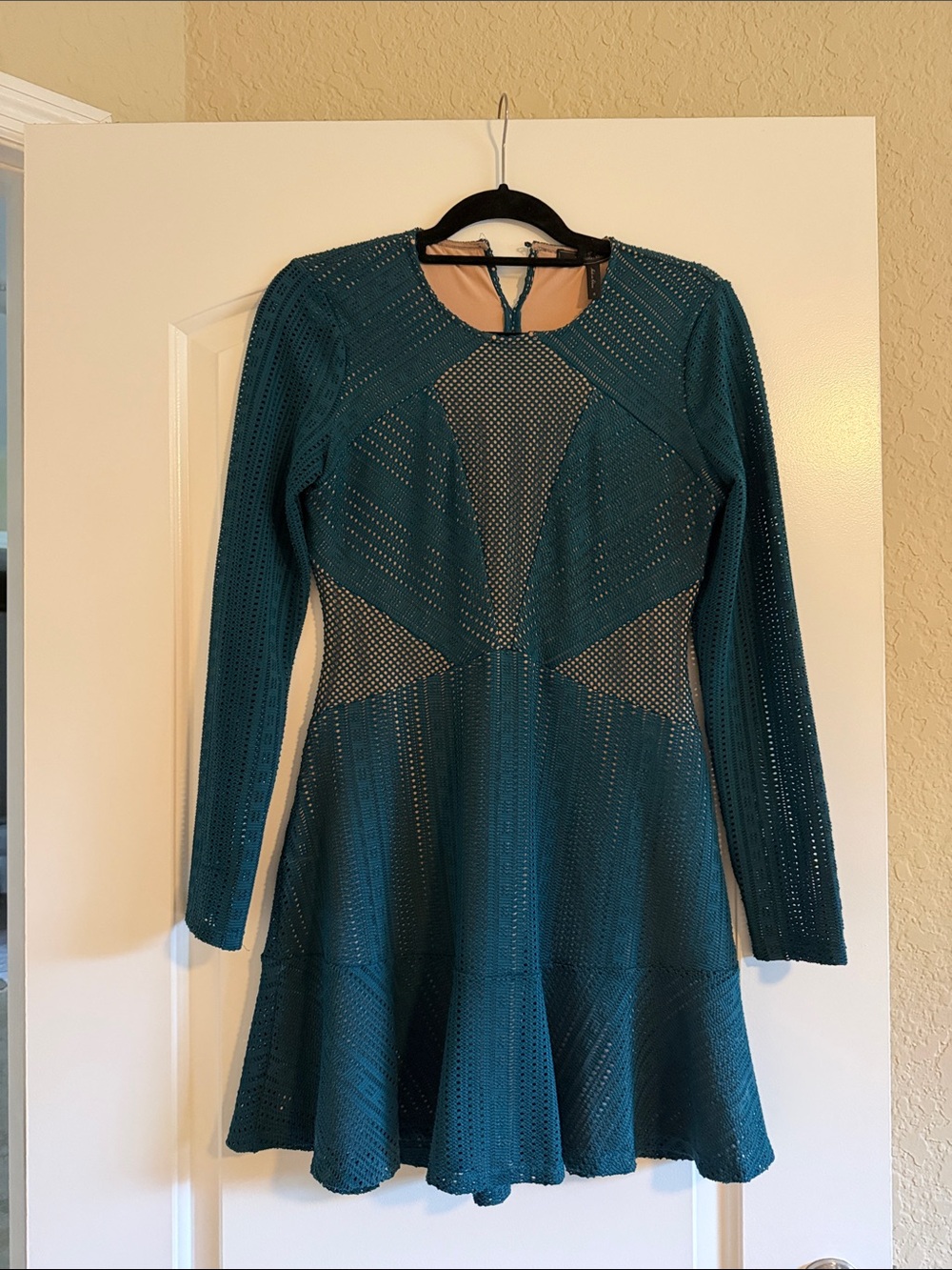 BCBGMaxAzria Teal Long-Sleeve Cutout Knit Fit-and-Flare Dress